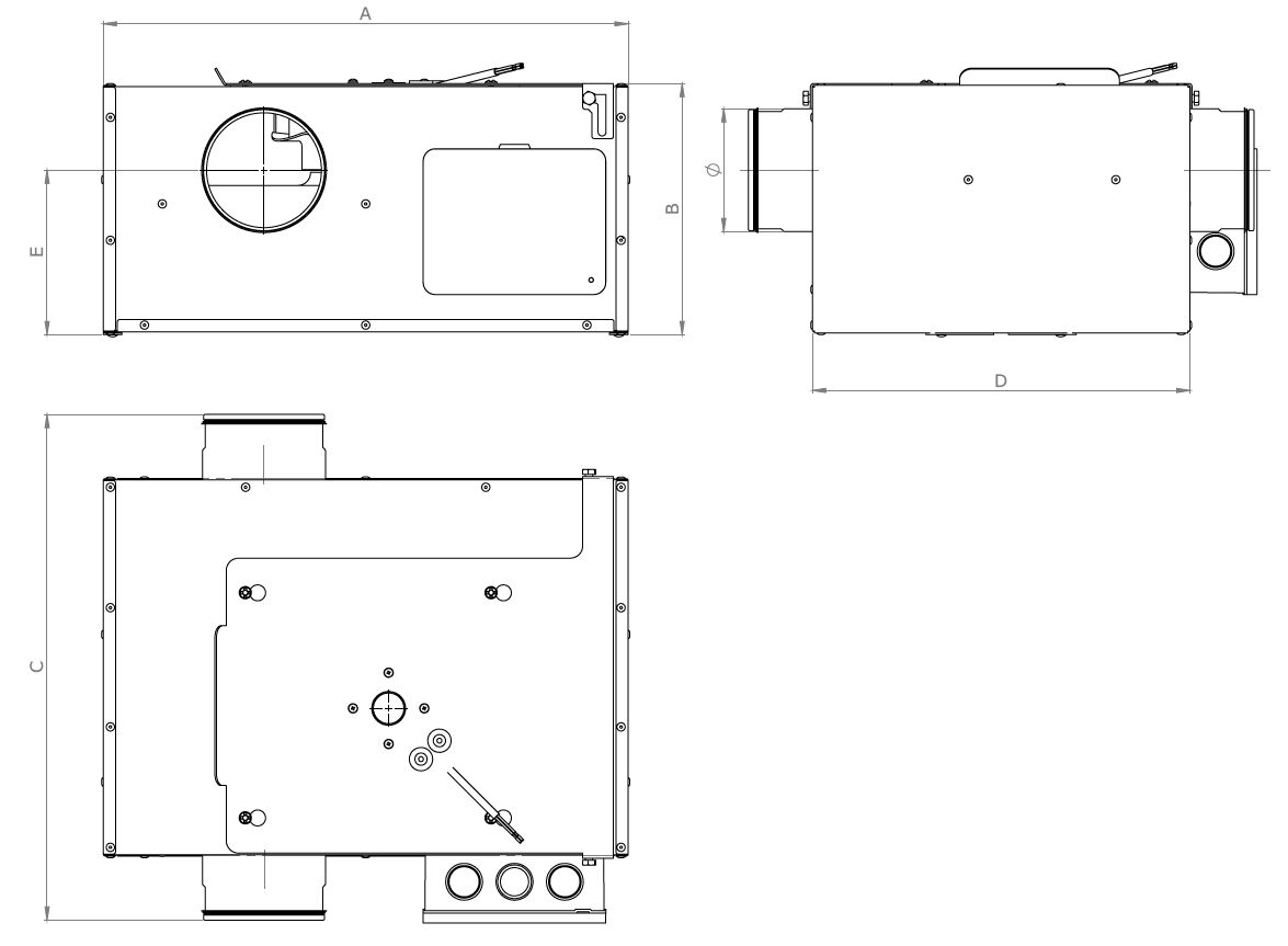 Abmessungen VORTICE CA INLINE QUIET Serie schallgedaemmt